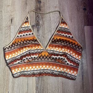 SHEIN ICON Plus Chevron Embroidery Contrast Binding Halter Top